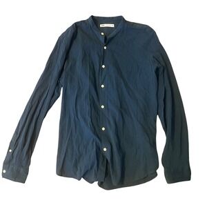 Zara Navy Blue Mandarin Collar Crinkle Textured Button Down Shirt Womens Large